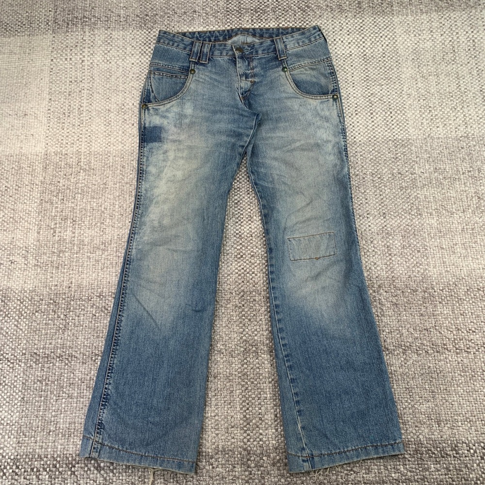 Wrangler Jeans Mens 28x32 Light Blue Bootcut Distressed Patchwork 6667W A06